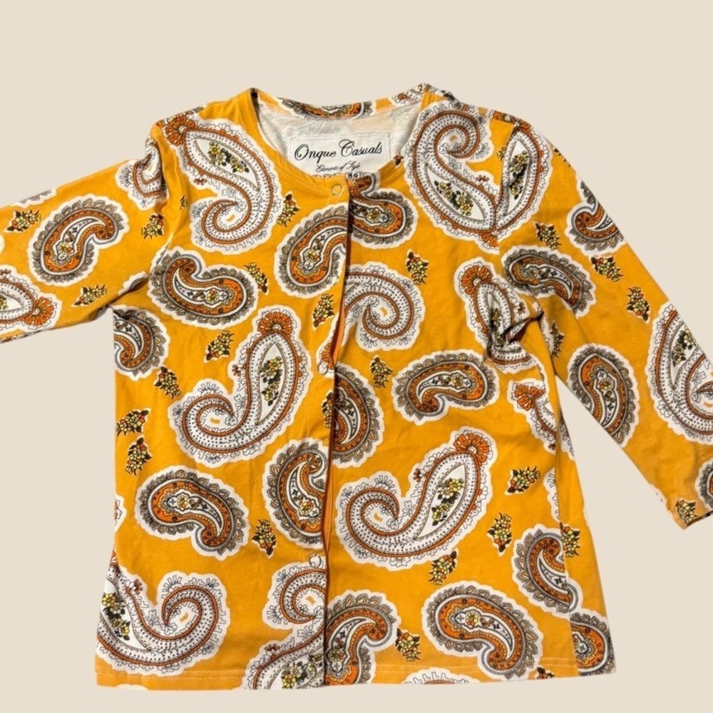 Onque Y2K Grandma Core Orange Paisley Snap Front Long Sleeve Cardigan Top